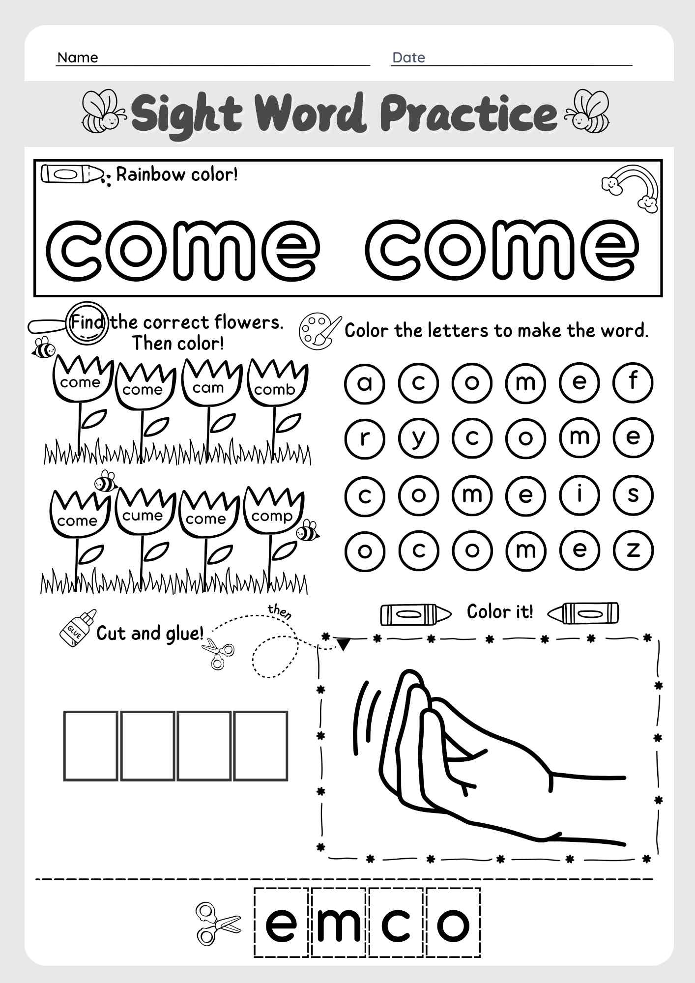 The Word "Come" Sight Word Cut and Paste Worksheet for Early Learners Pre K